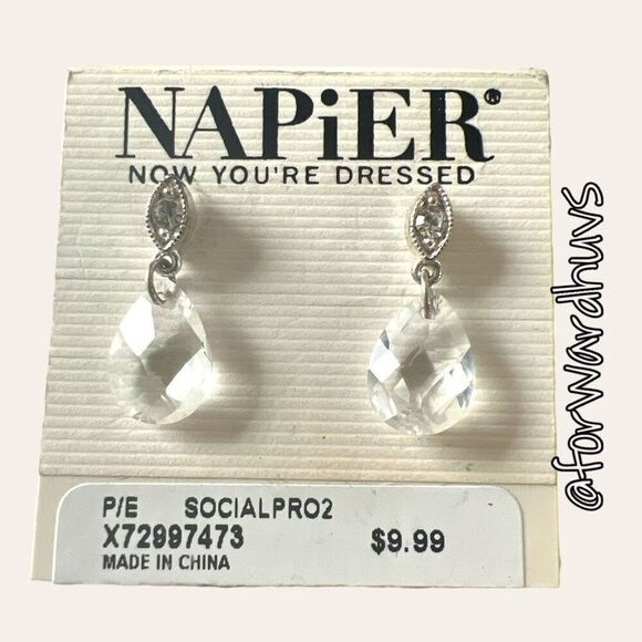 Elegant Silver Tone Napier Earrings with Faceted Crystal Dangle NWT - Picture 1 of 6
